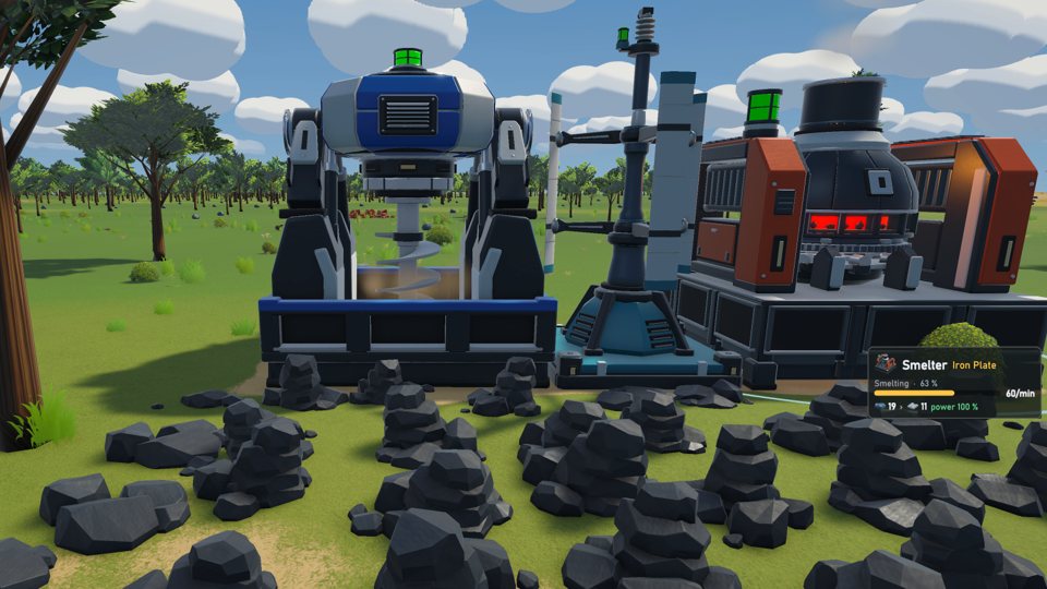 A blue miner drilling an ore patch next to a smelter making 60 iron plates a minute