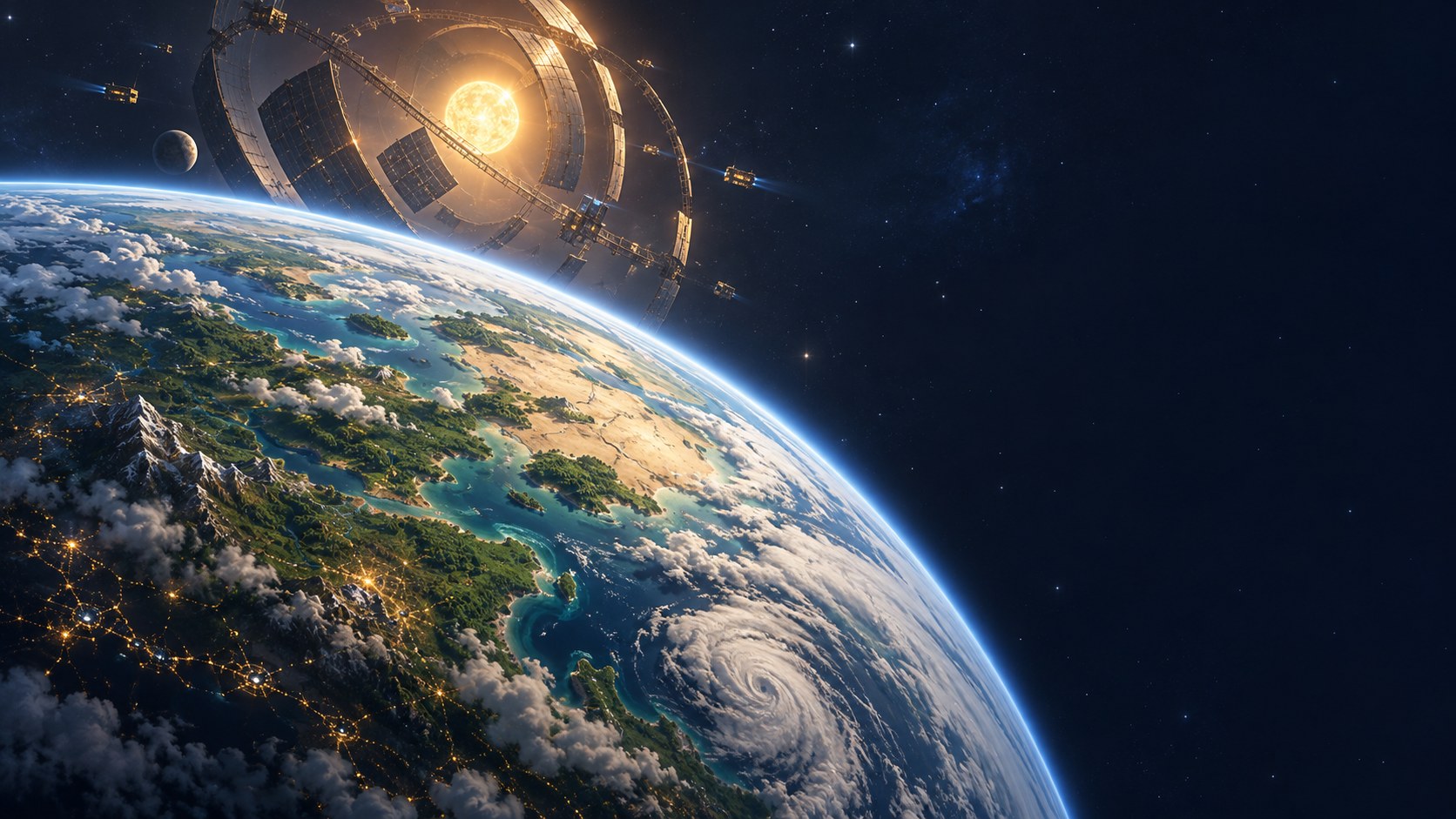 Concept art: the home planet from orbit, with a Dyson sphere being built around the sun